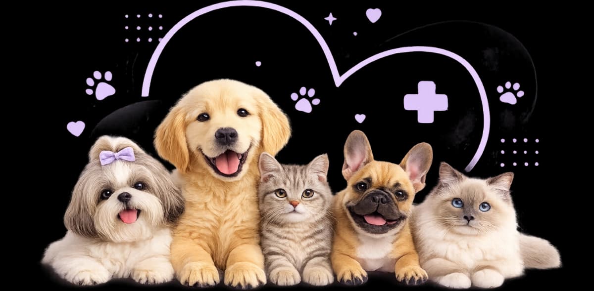 Veterinária com pets felizes